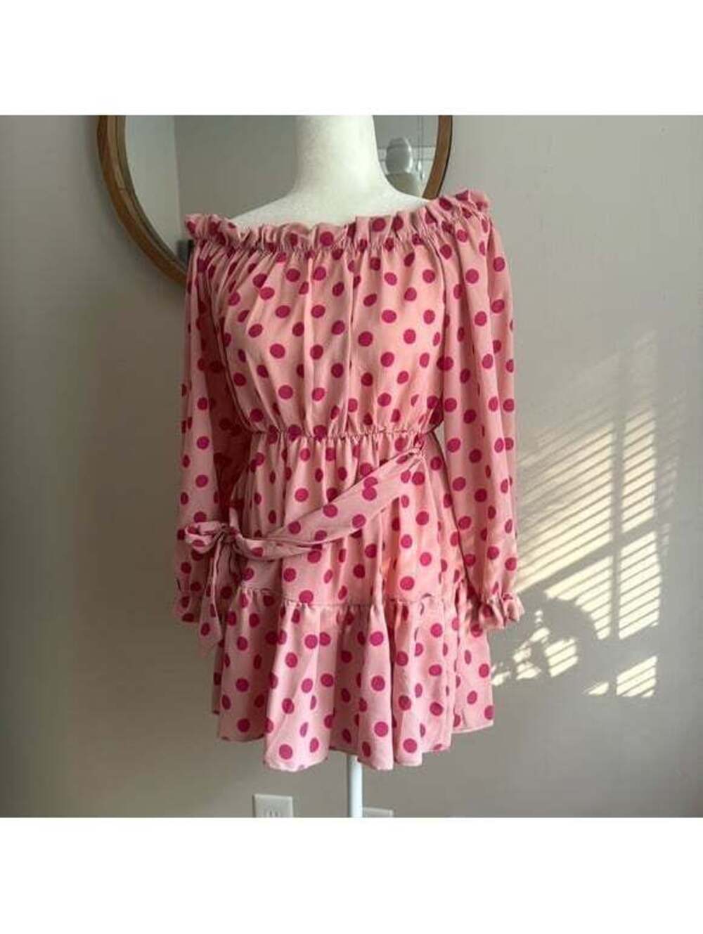 Prettylittlething Polka dotted min dress NWOT off the shoulder